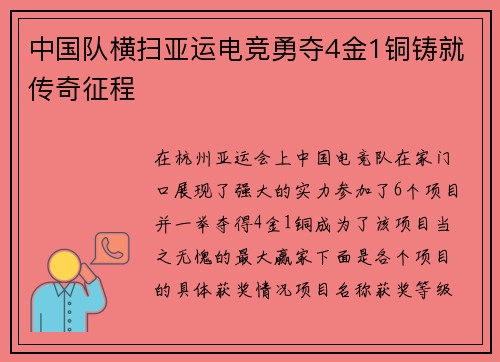 中国队横扫亚运电竞勇夺4金1铜铸就传奇征程 